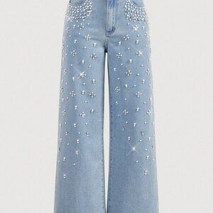 Blue Casual Women's Front Button Pocket Faux Pearl Decor Denim Jeans